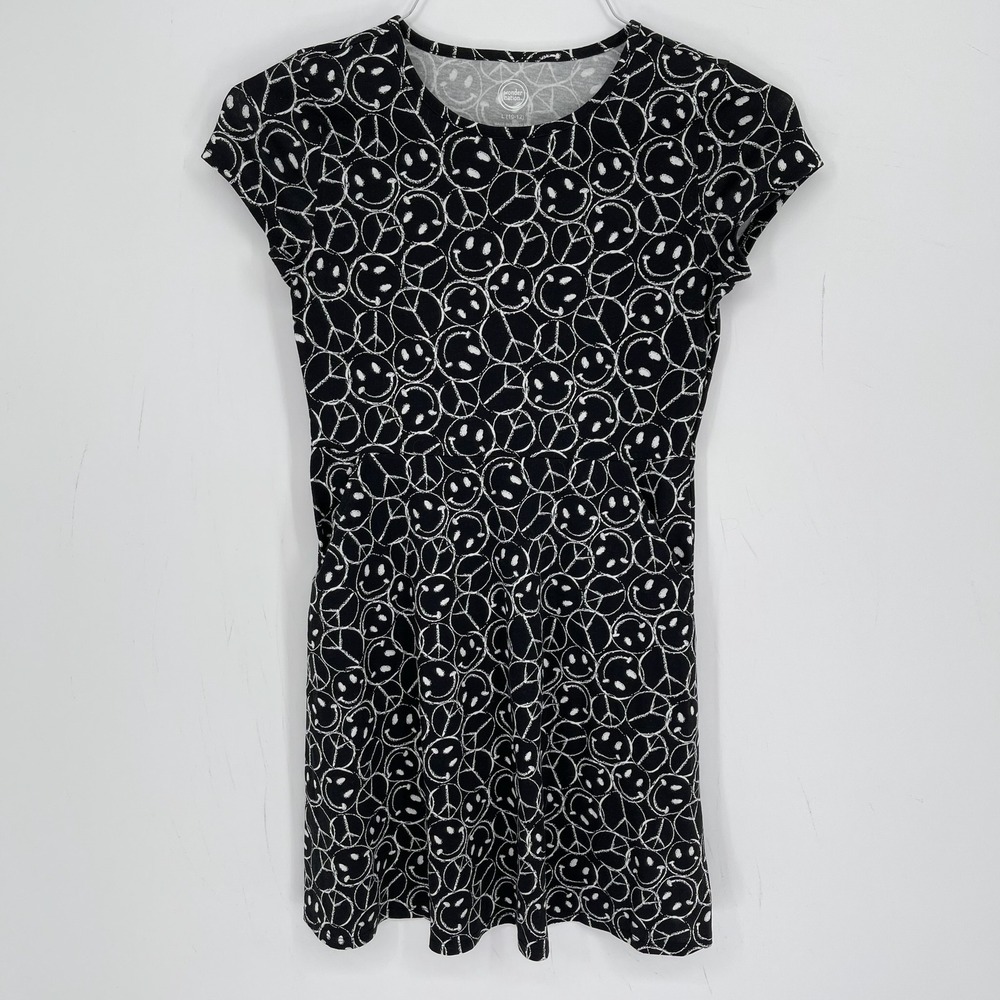 Wonder Nation Girls Black Peace Smiley Face Skater Dress Size L/10-12